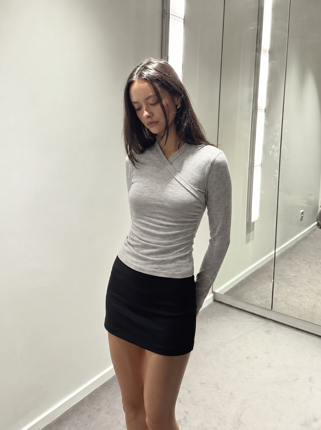 Long Sleeve Cotton Wrap Top - Grey