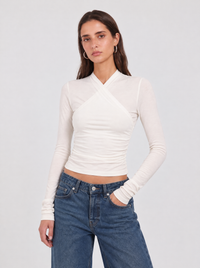 Long Sleeve Cotton Wrap Top - White