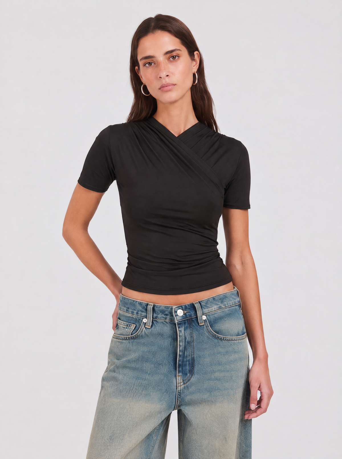 Short Sleeve Wrap Top - Black