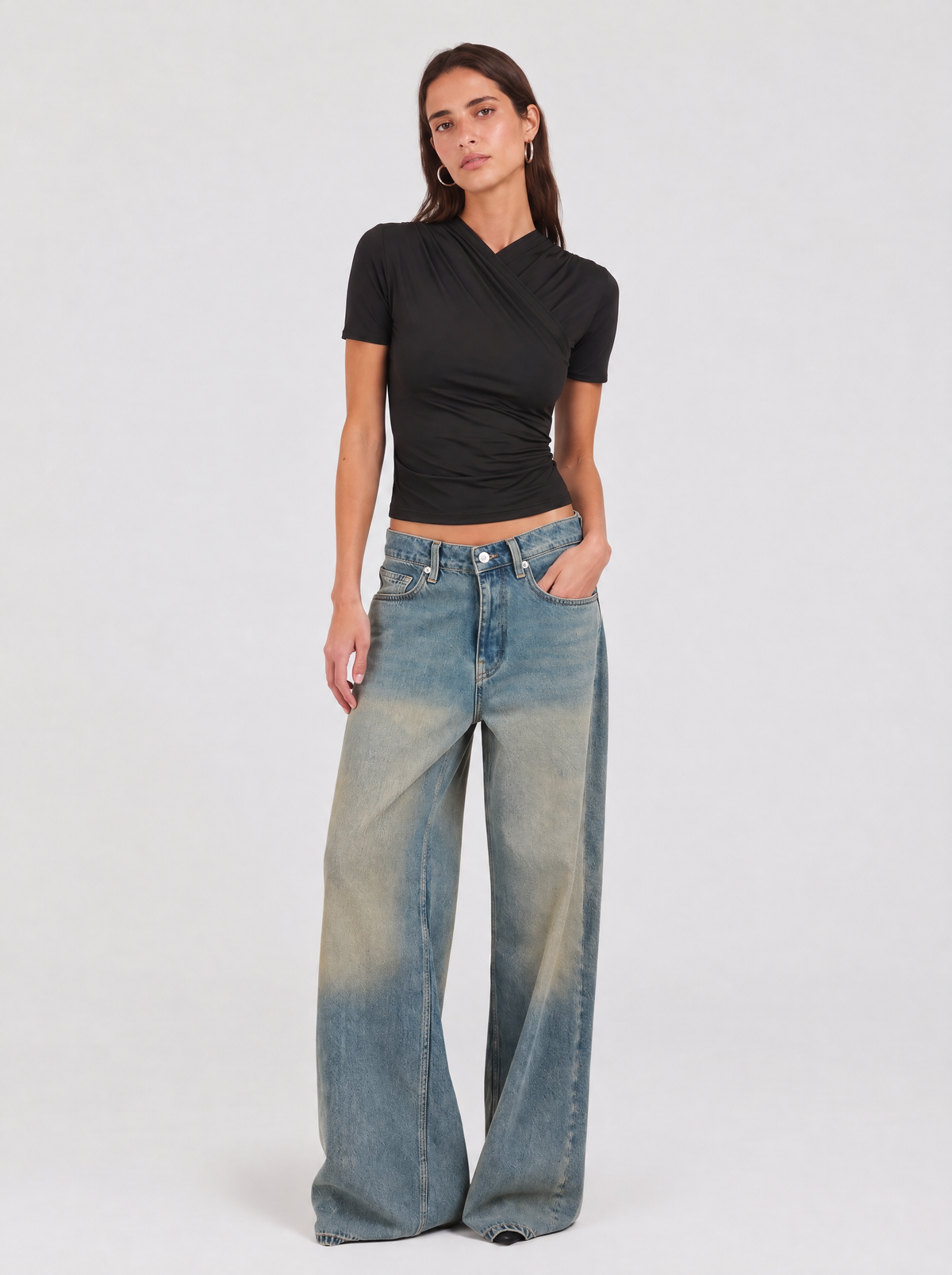 Short Sleeve Wrap Top - Black