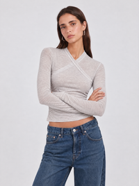 Long Sleeve Cotton Wrap Top - Grey