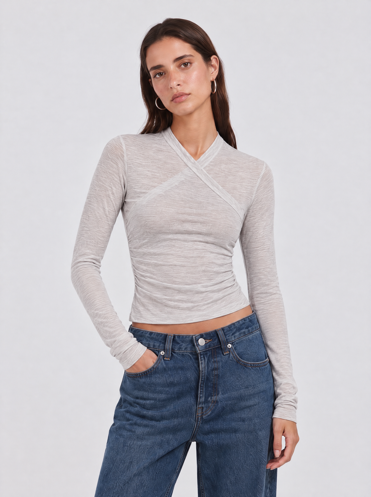 Long Sleeve Cotton Wrap Top - Grey