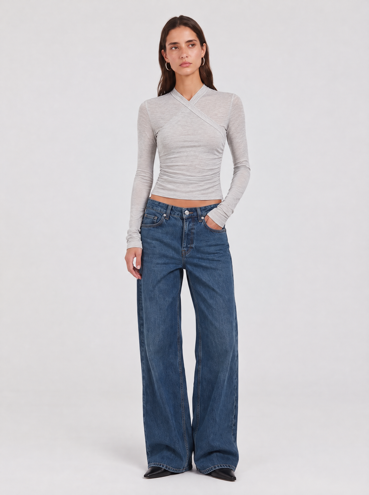 Long Sleeve Cotton Wrap Top - Grey