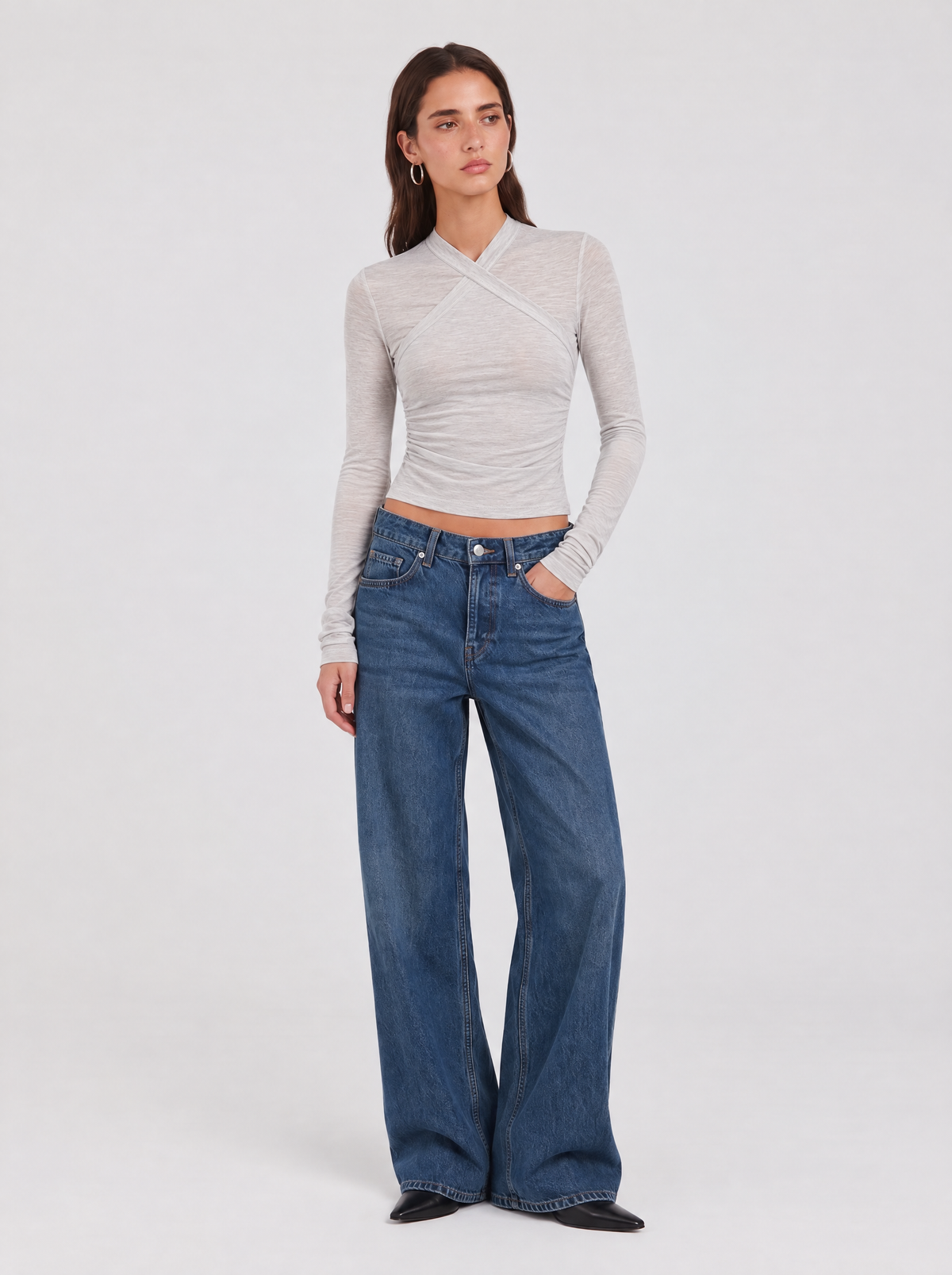 Long Sleeve Cotton Wrap Top - Grey