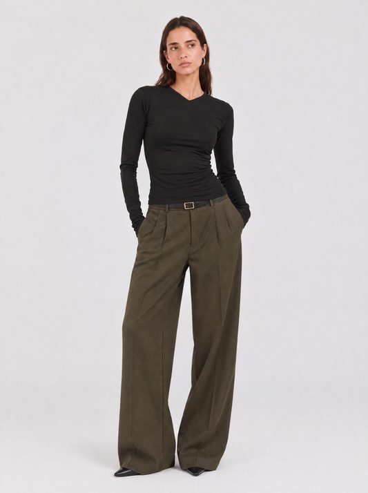 Long Sleeve V-neck Cotton Top - Black