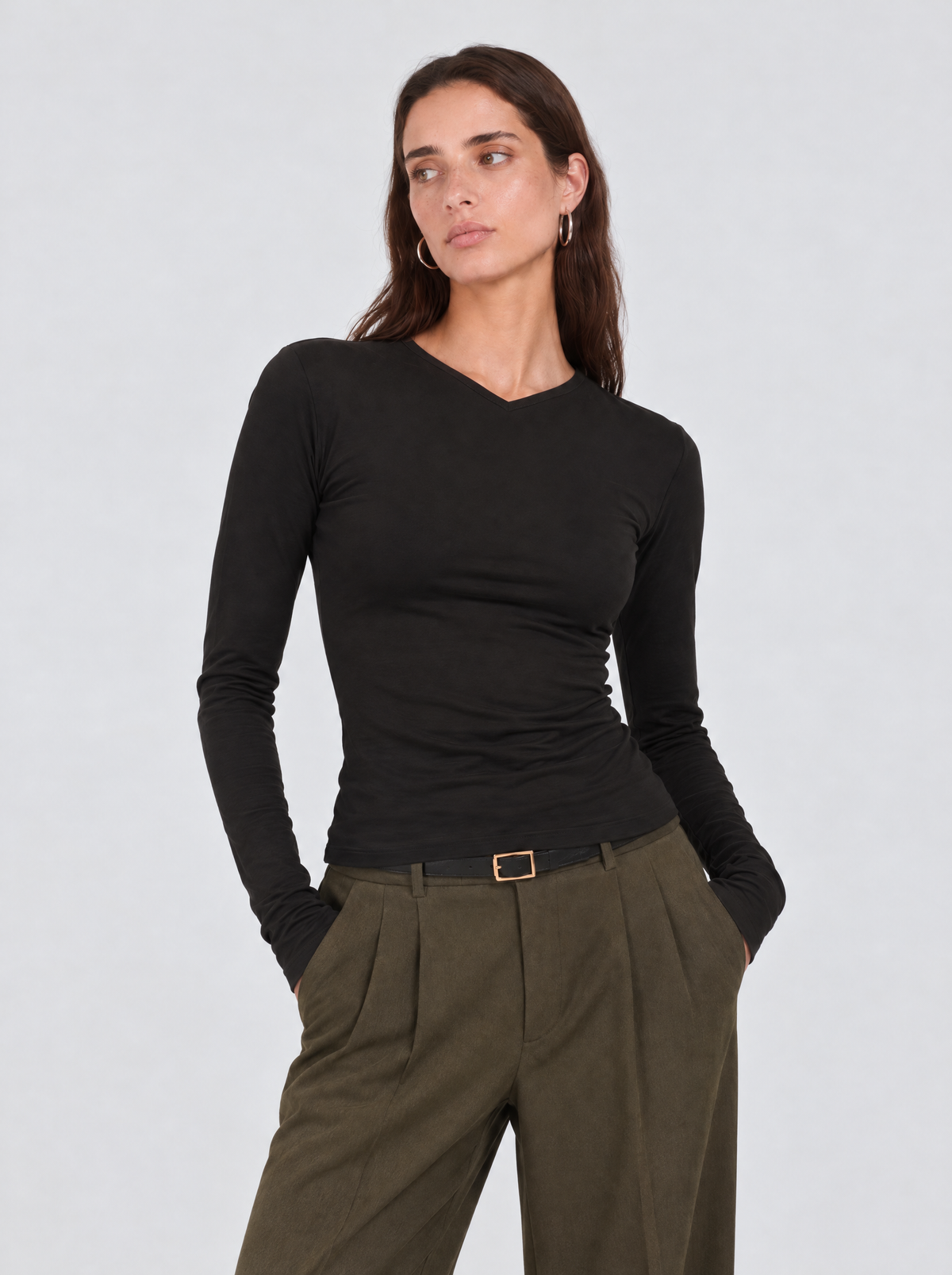 Long Sleeve V-neck Cotton Top - Black