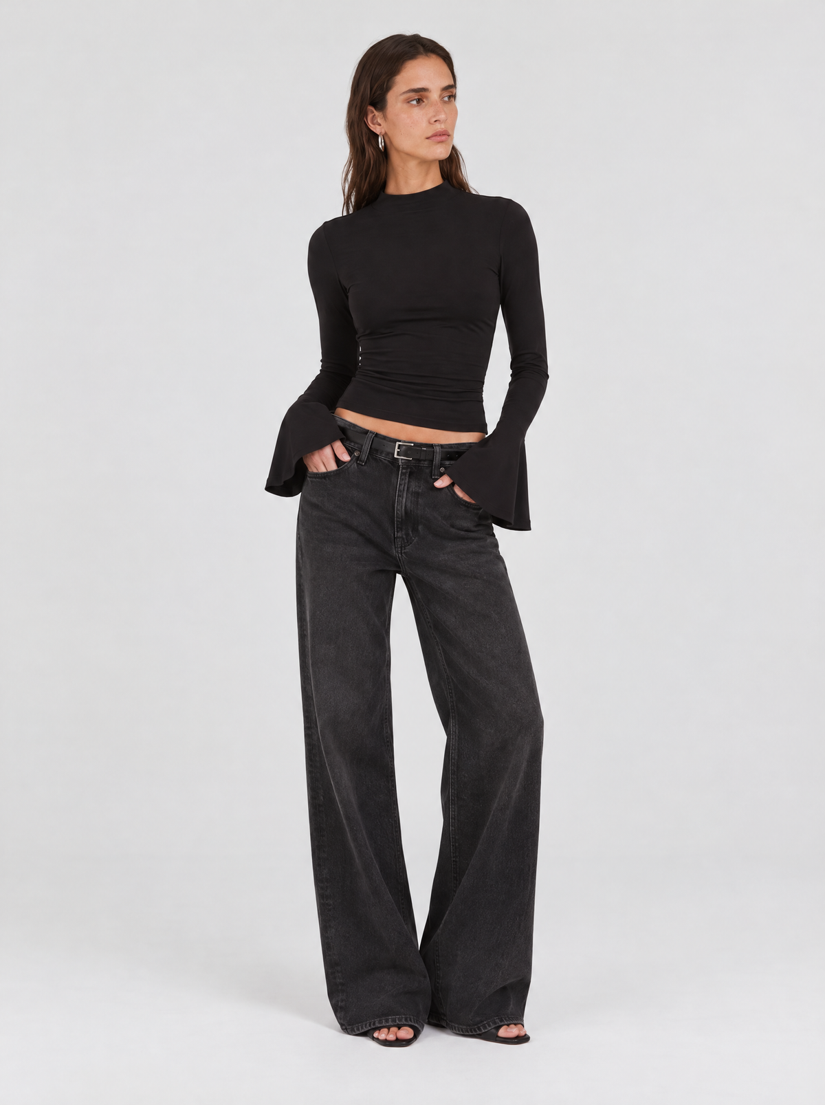 Long Trumpet Sleeve Cotton Top - Black