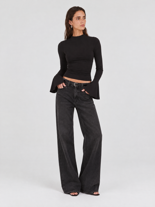 Long Trumpet Sleeve Cotton Top - Black