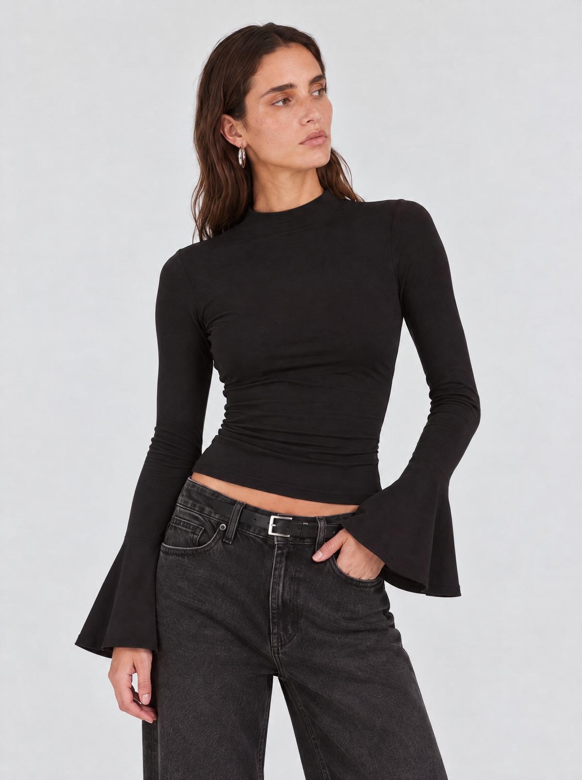 Long Trumpet Sleeve Cotton Top - Black
