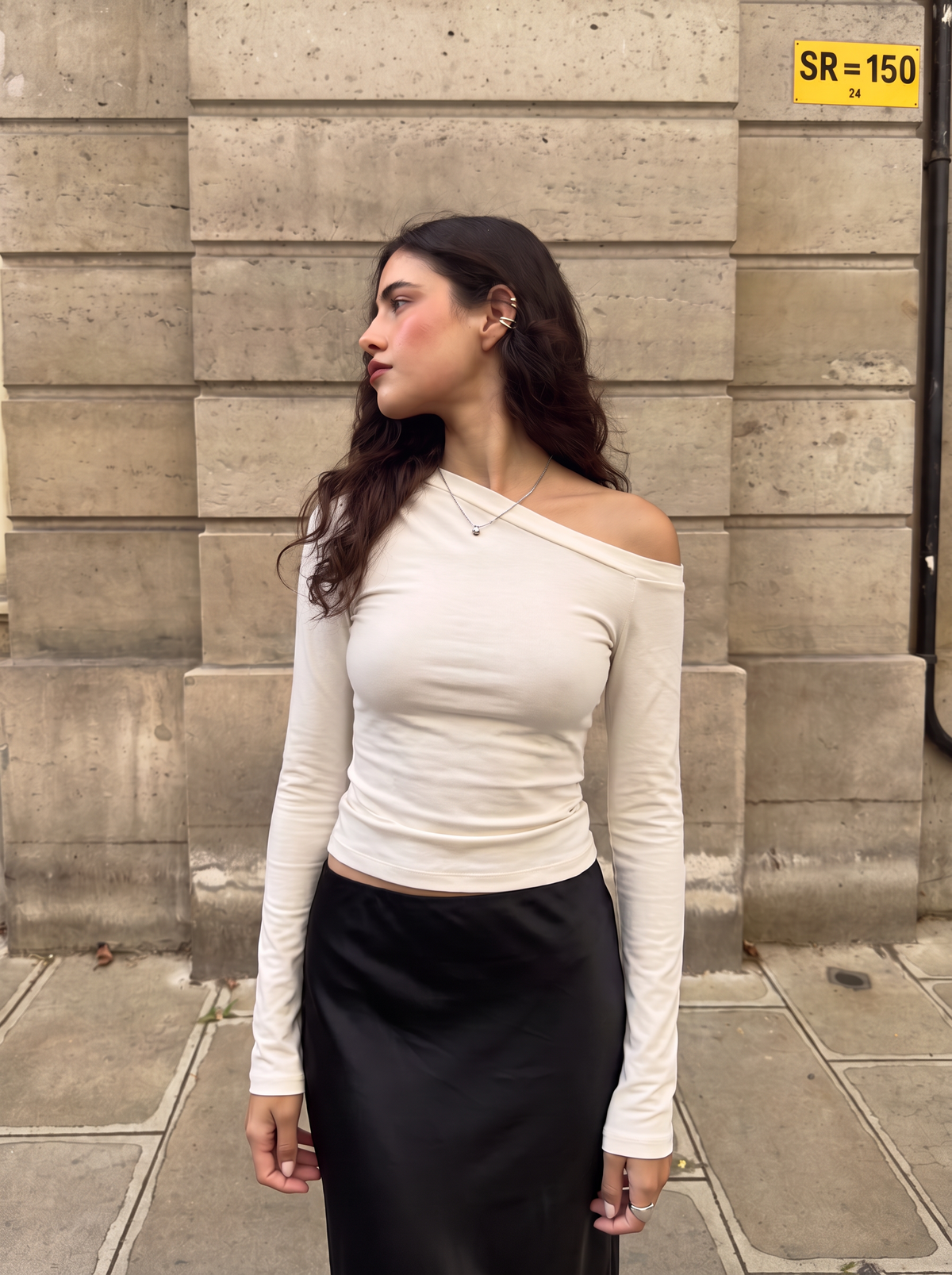 Long Sleeve Asymetric Cotton Tee - White